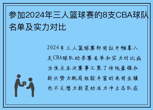 参加2024年三人篮球赛的8支CBA球队名单及实力对比