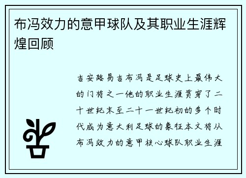 布冯效力的意甲球队及其职业生涯辉煌回顾