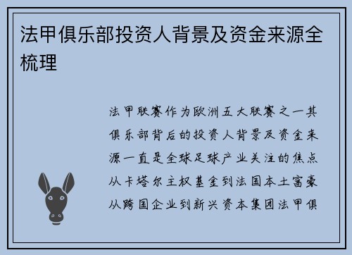 法甲俱乐部投资人背景及资金来源全梳理